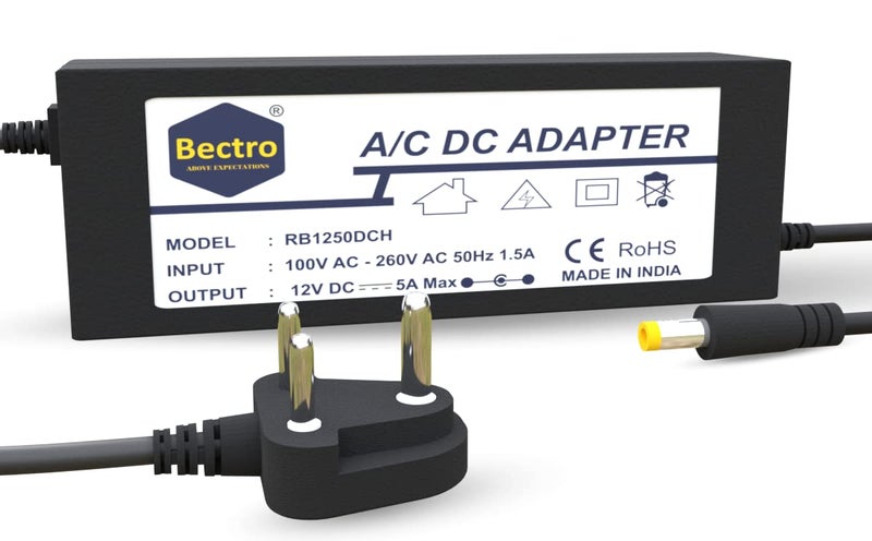 Bectro محول طاقة 12 فولت 5 أمبير 60 واط بنظام التبديل، محول من تيار متردد إلى تيار مستمر متوافق مع شاحن البطارية، كاميرات CCTV وأجهزة إلكترونية أخرى، أسود - Image 1