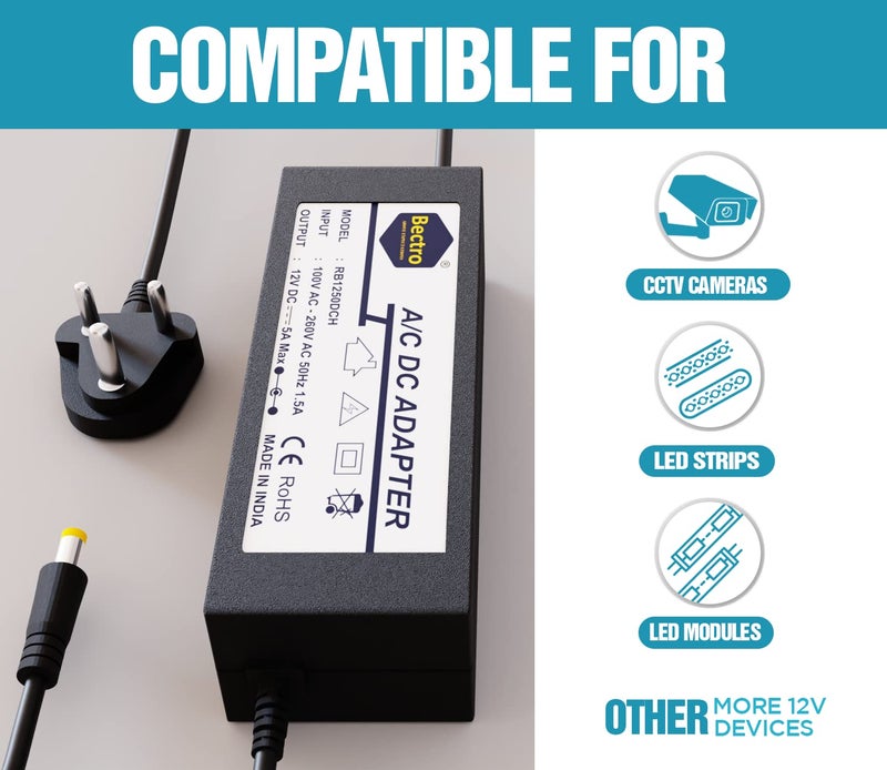 Bectro محول طاقة 12 فولت 5 أمبير 60 واط بنظام التبديل، محول من تيار متردد إلى تيار مستمر متوافق مع شاحن البطارية، كاميرات CCTV وأجهزة إلكترونية أخرى، أسود - Image 2