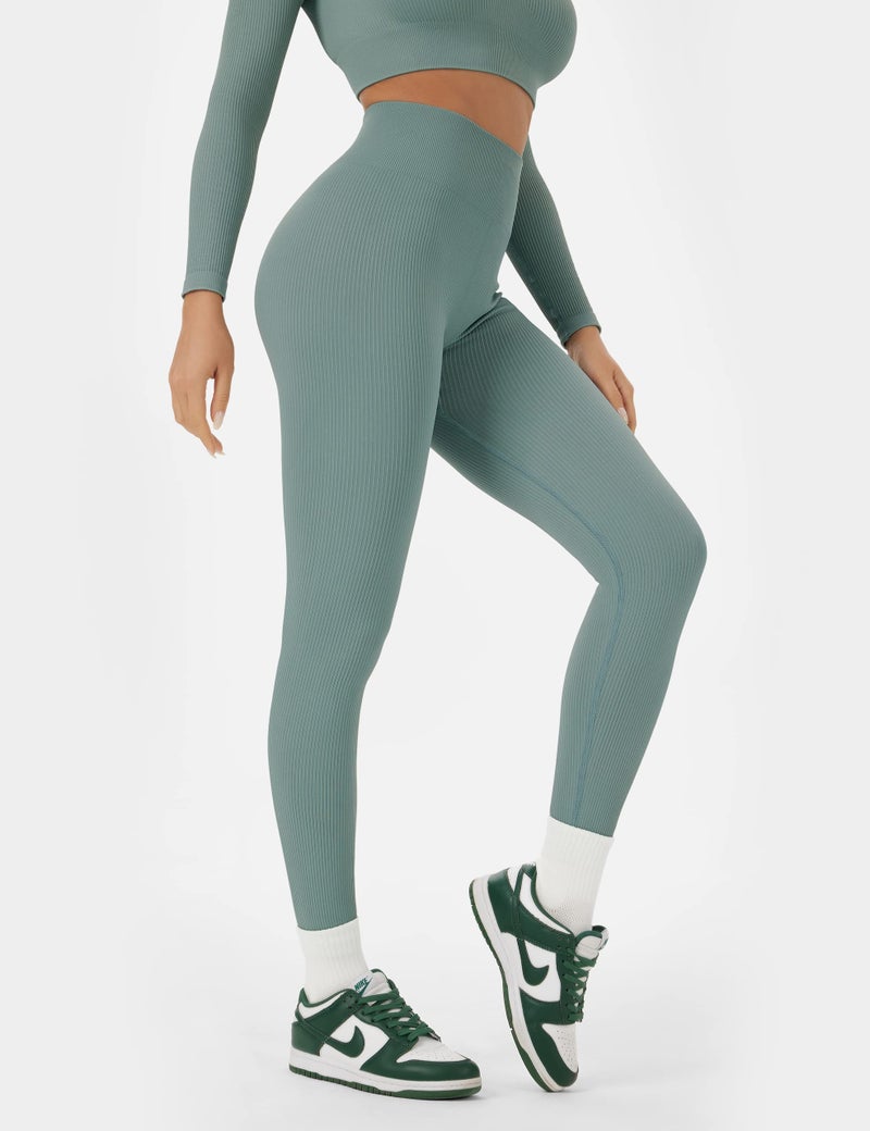 Buttergene Women Workout Sets 2 Pieces Long Sleeve Yoga Outfits Gym Clothes Seamless Ribbed Crop Top High Waist Leggings - Image 4