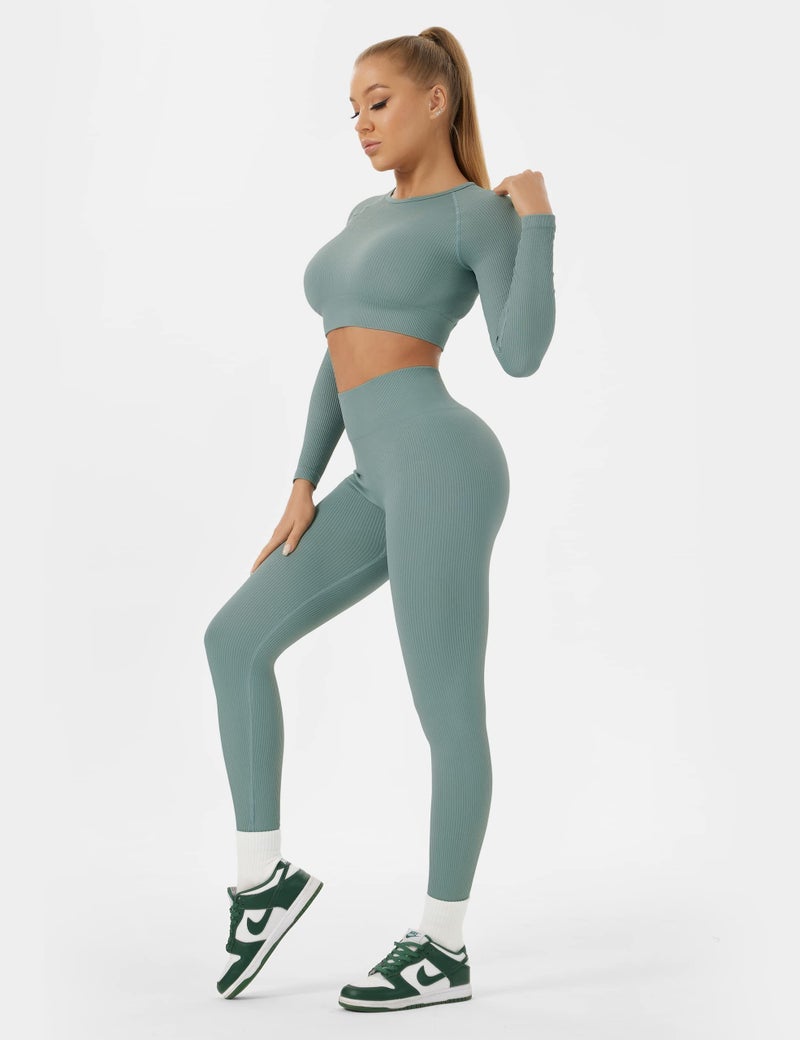 Buttergene Women Workout Sets 2 Pieces Long Sleeve Yoga Outfits Gym Clothes Seamless Ribbed Crop Top High Waist Leggings - Image 2