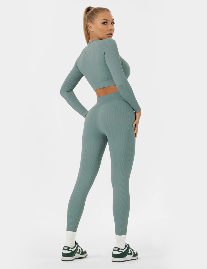 Buttergene Women Workout Sets 2 Pieces Long Sleeve Yoga Outfits Gym Clothes Seamless Ribbed Crop Top High Waist Leggings - Image 3