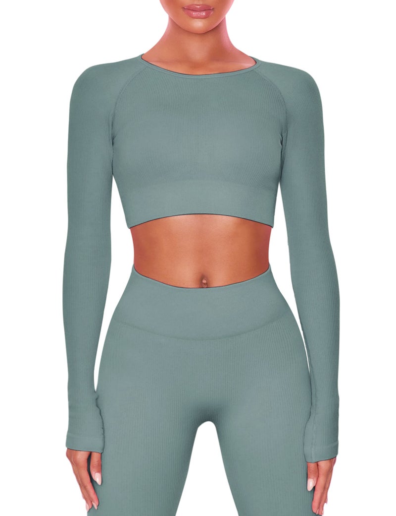 Buttergene Women Workout Sets 2 Pieces Long Sleeve Yoga Outfits Gym Clothes Seamless Ribbed Crop Top High Waist Leggings - Image 1