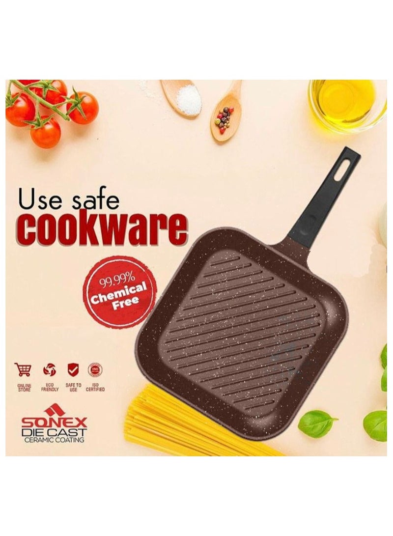SONEX Die Cast Grill Pan Non Stick Marble Coating 28cm Brown - Image 4