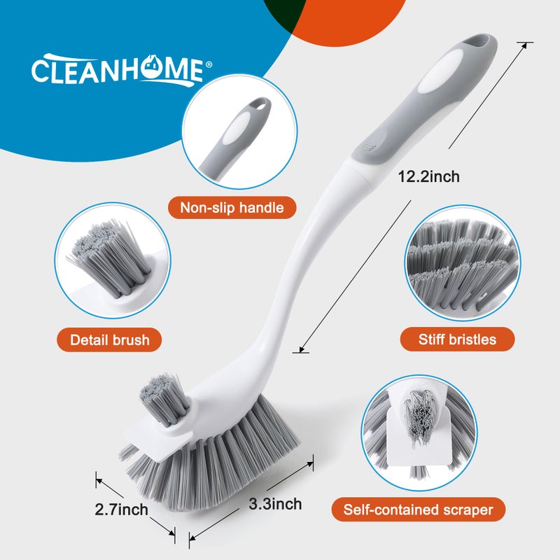 CLEANHOME 4 عبوات من فرش تنظيف الأطباق شديدة التحمل مع شعيرات صلبة مضادة للخدش ومقبض طويل - فرش تنظيف المطبخ متعددة الأغراض للأواني والمقالي والزجاجات للتنظيف العميق - Image 2