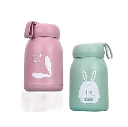 VENEXA Premium little Rabbit Print Glass Water Bottle with Food grade Silicone Plastic 330ml Leak Proof BPA Free Easy to carry Multicolor Pack of 2 - Image 1