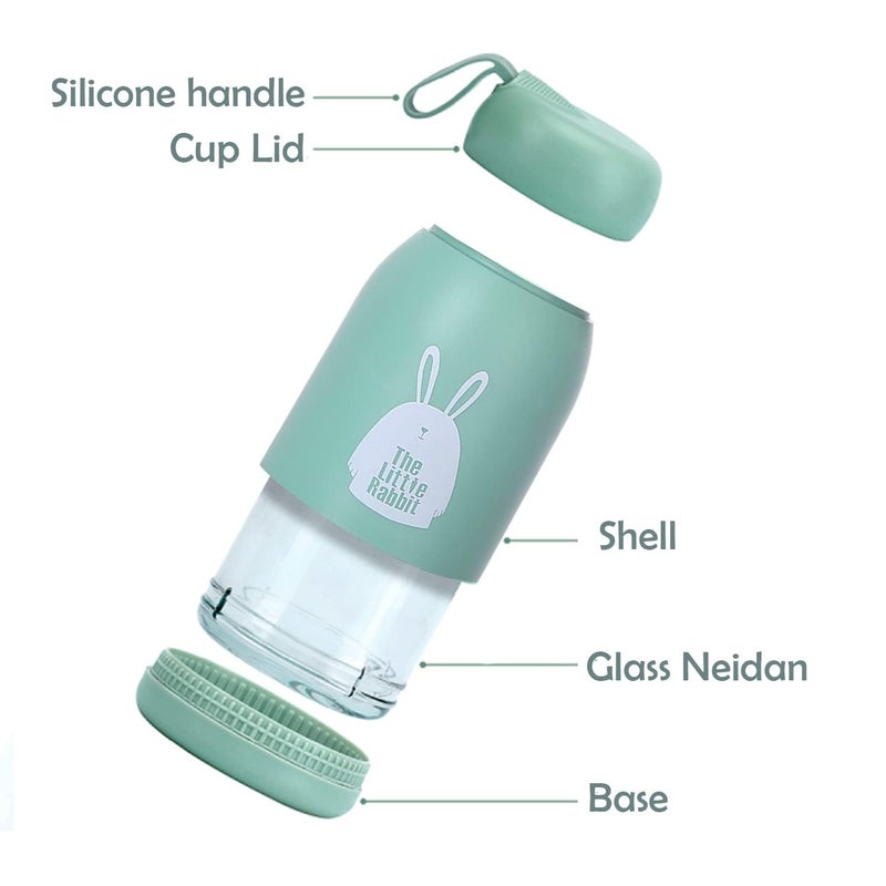 VENEXA Premium little Rabbit Print Glass Water Bottle with Food grade Silicone Plastic 330ml Leak Proof BPA Free Easy to carry Multicolor Pack of 2 - Image 4
