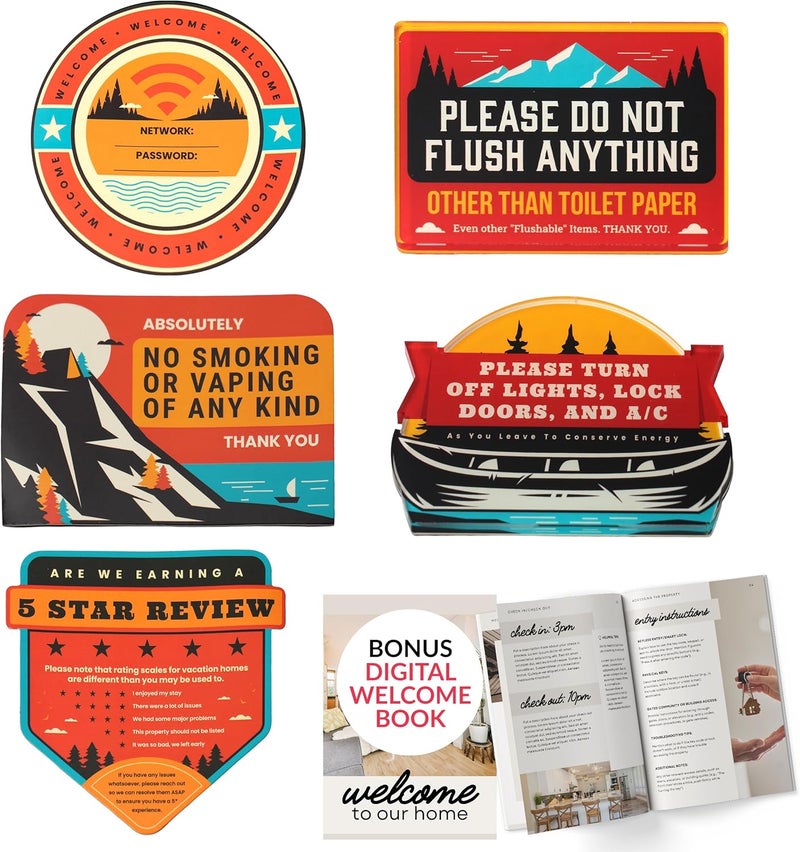 ORCA 5 Essential Signs For Short Term Rental Hosts | Wifi Password Sign For Home Guests, No Smoking, Do Not Flush For Bathroom Toilet, Turn Off Lights & AC, Vacation Rental Review Request Fridge Magnet - Image 1
