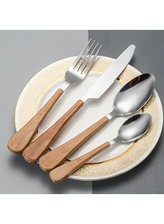 Natural Color Stainless Steel Wood Grain Tableware Set Knife Fork Spoon Dessert Spoon - Image 1