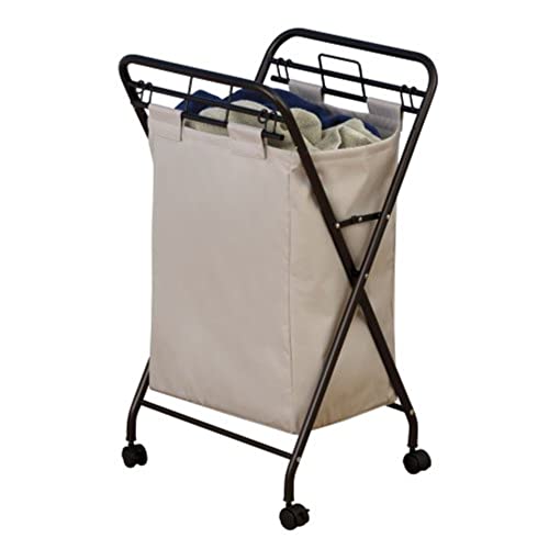 Household Essentials سلة غسيل منزلية 7172 قابلة للدحرجة مع حقيبة قماش ثقيلة | إطار برونزي عتيق - Image 3