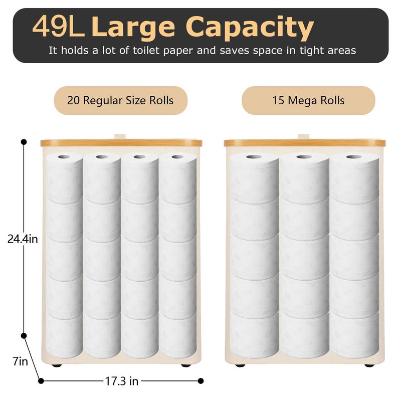 Dotpilgo Extra Large Toilet Paper Storage Basket with Lid 49L Slim Toilet Paper Basket Holder Bin Container Organizer for Bathroom Hold up to 20 Regular Rolls or 15 Mega Rolls - Image 2