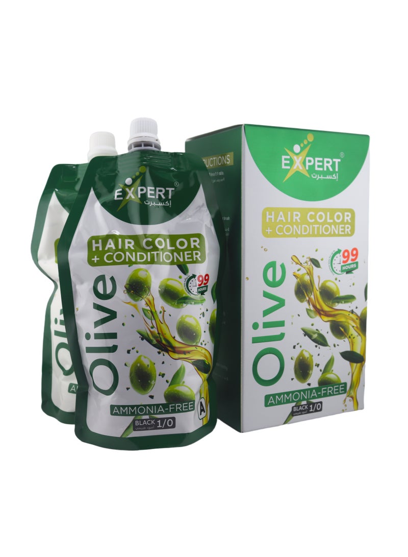 EXPERT Olive Hair Color + Conditioner. Infused with olive extract, this formula adds shine and softness while coloring your hair. The ammonia-free formula is gentle on the scalp and leaves hair smooth, conditioned 500ml+500ml - Image 1