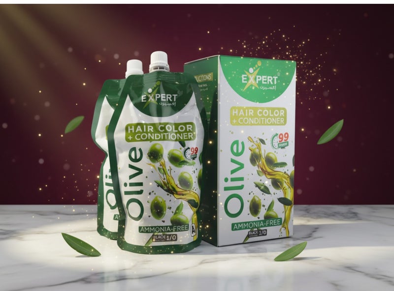 إكسبرت صبغة شعر زيتونية خبيرة + بلسم. تركيبة غنية بمستخلص الزيتون، تضيف لمعانًا ونعومة أثناء صبغ شعرك. تركيبة خالية من الأمونيا لطيفة على فروة الرأس وتترك الشعر ناعماً ومرطباً 500 مل + 500 مل - Image 1