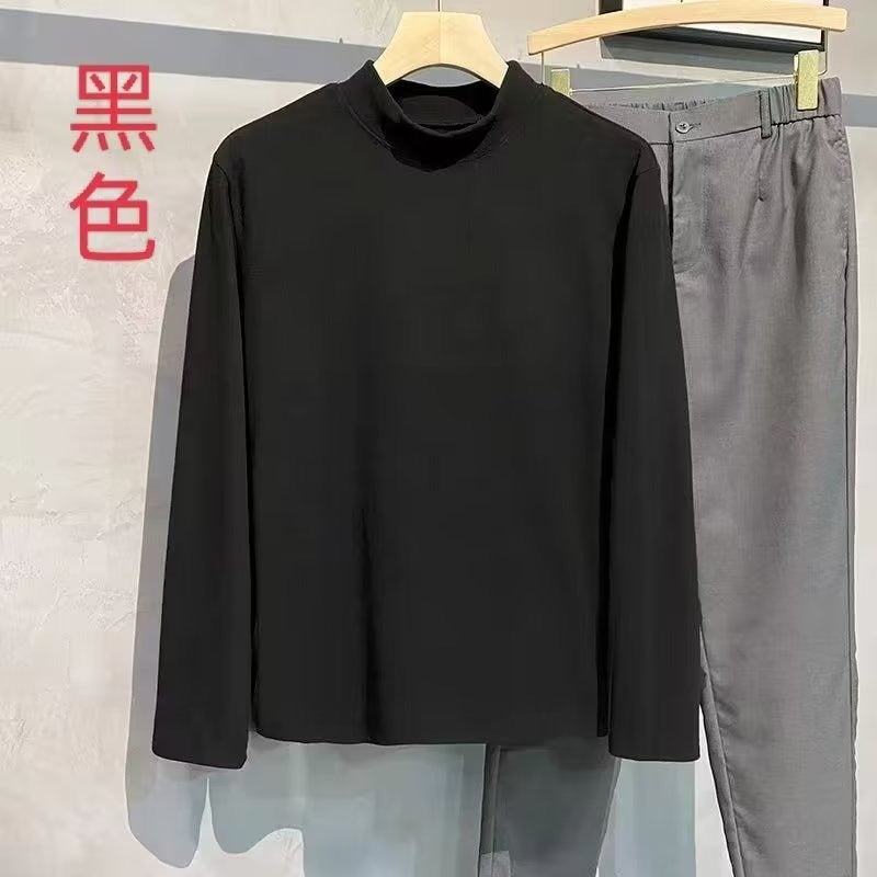 Warm Long-Sleeved T-Shirt Men'S Round Neck Mid Collar Inner T-Shirt Top Solid Color Velvet Half Turtleneck Bottoming Shirt - Image 3