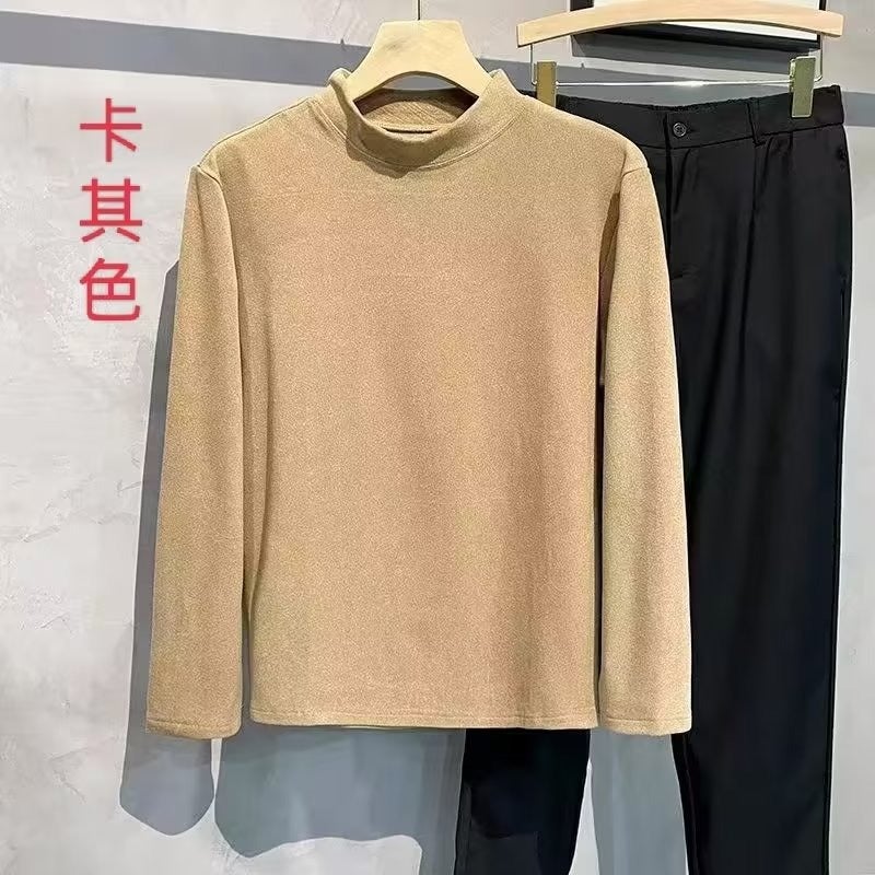 Warm Long-Sleeved T-Shirt Men'S Round Neck Mid Collar Inner T-Shirt Top Solid Color Velvet Half Turtleneck Bottoming Shirt - Image 4