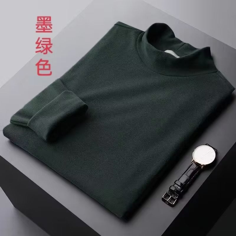 Warm Long-Sleeved T-Shirt Men'S Round Neck Mid Collar Inner T-Shirt Top Solid Color Velvet Half Turtleneck Bottoming Shirt - Image 1
