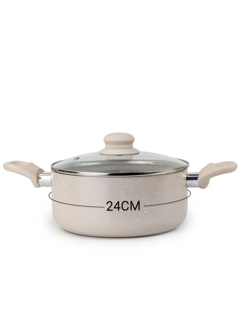 Wilson Oak Casserole with Lid and Marble Coating, Soft Touch Handle Stew Pot Suitable for Gas Electric Induction and Ceramic Stove Dutch Oven - 24cm – Cream