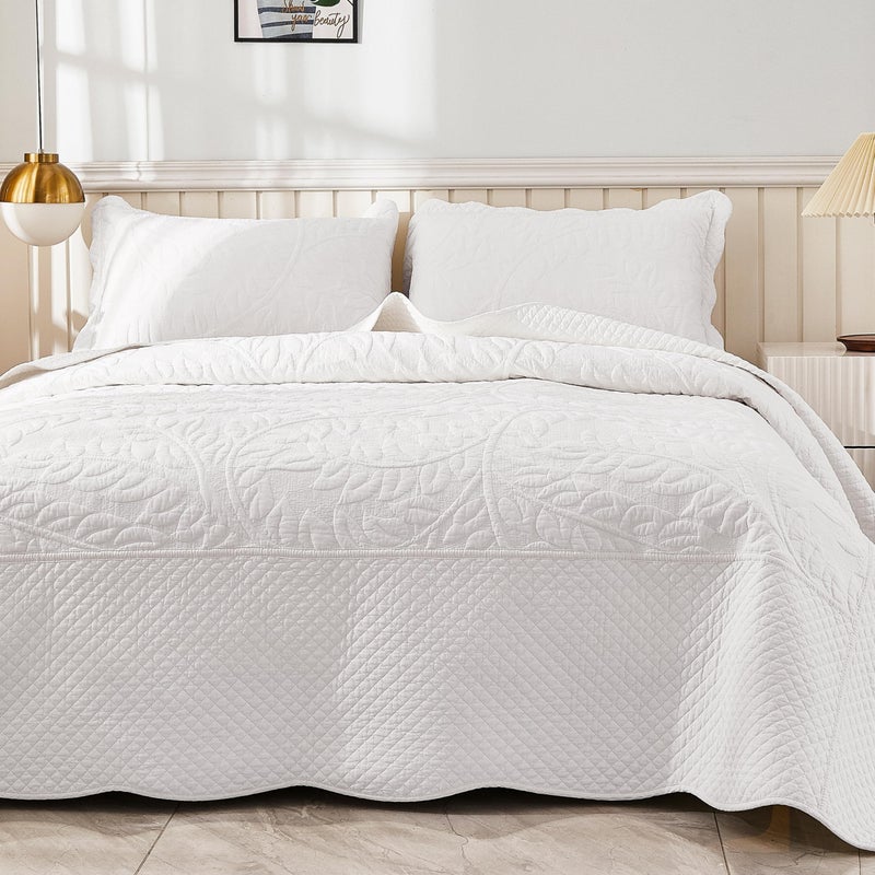 MarCielo 3-Piece 100% Cotton Oversized Bedspread Lightweight Quilt Coverlet Embroidery Farmhouse Bedding Set T0 (Bright White, Oversized King (118"x106")) - Image 1
