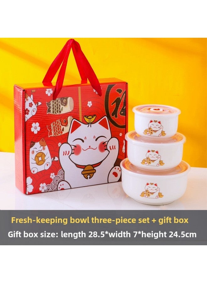 Ceramic Fresh-keeping Bowl Three-piece Sealed Bowl Gift Bowl Set Gift Box Wedding Will Sell Wholesale Printed LOGO-Specifications:Luckcat-Color:Preservation Bowl Two Sets Of Two Medium Color Box/36 Sets Of A Box - Image 1