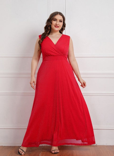 Plus-size Women's Summer New Sleeveless V-neck Dress Red