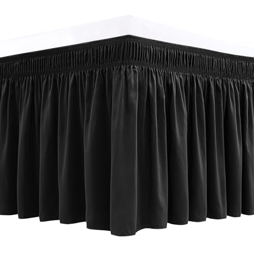 Biscaynebay Wrap Around Bed Skirts for King Cal King Beds Short Drop of 12 Black Adjustable Elastic Dust Ruffles Easy Fit Wrinkle Resistant Silky Luxurious Fabric Machine Washable - Image 1