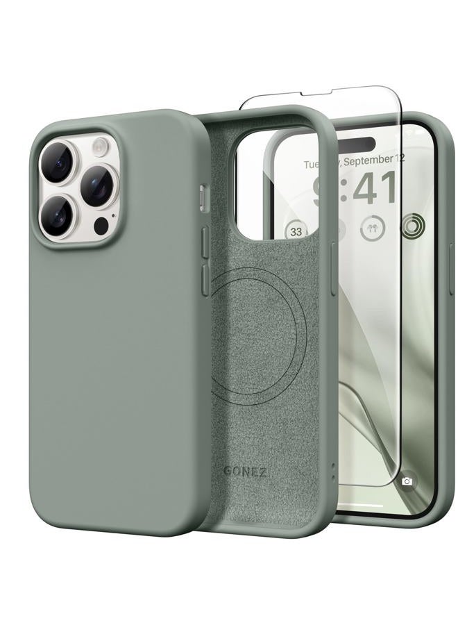 GONEZ for iPhone 14 Pro Case, Compatible with Magsafe, with Screen Protector + Camera Lens Protector, Soft Anti-Scratch Microfiber Lining, Shockproof Liquid Silicone Phone Cover, Calke Green - Image 1