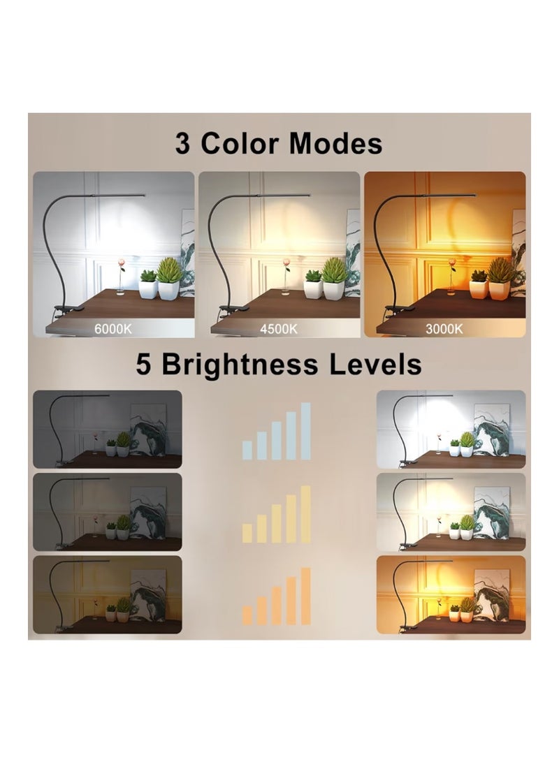 Mojimdo Desk Lamp with Remote, 3 Color & 5 Brightness & 77LED Dimmable Reading Light, 70CM Flexible Gooseneck, Eye-Caring Clip on Light with Adapter for Reading Study Workbench Drafting - Image 2