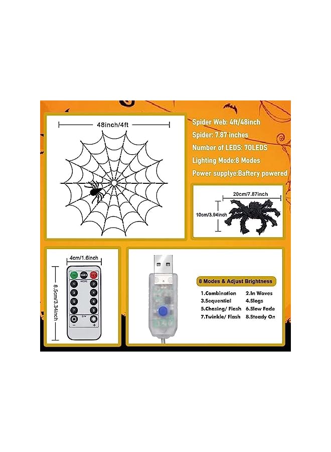 The Bros Halloween Decorations Lights, LED Halloween Spider Web Lights, with 8 Lights Modes and Remote Control Orange Net Lights, Warm Light for Party, Yard, Haunted, House Bar and Garden (Orange) - Image 4