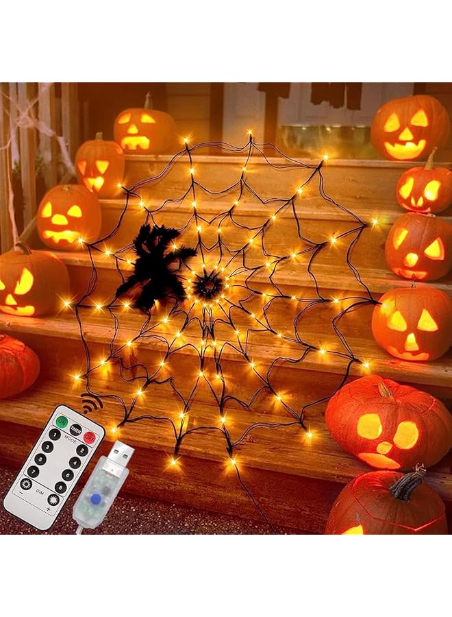 The Bros Halloween Decorations Lights, LED Halloween Spider Web Lights, with 8 Lights Modes and Remote Control Orange Net Lights, Warm Light for Party, Yard, Haunted, House Bar and Garden (Orange) - Image 1