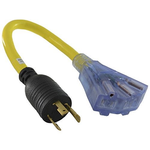 Conntek 1.5-Foot 30-Amp 125-Volt Fan-Style Generator Extension Cord (L5-30P to Three 5-15R) with Power Indicator Light - Image 1
