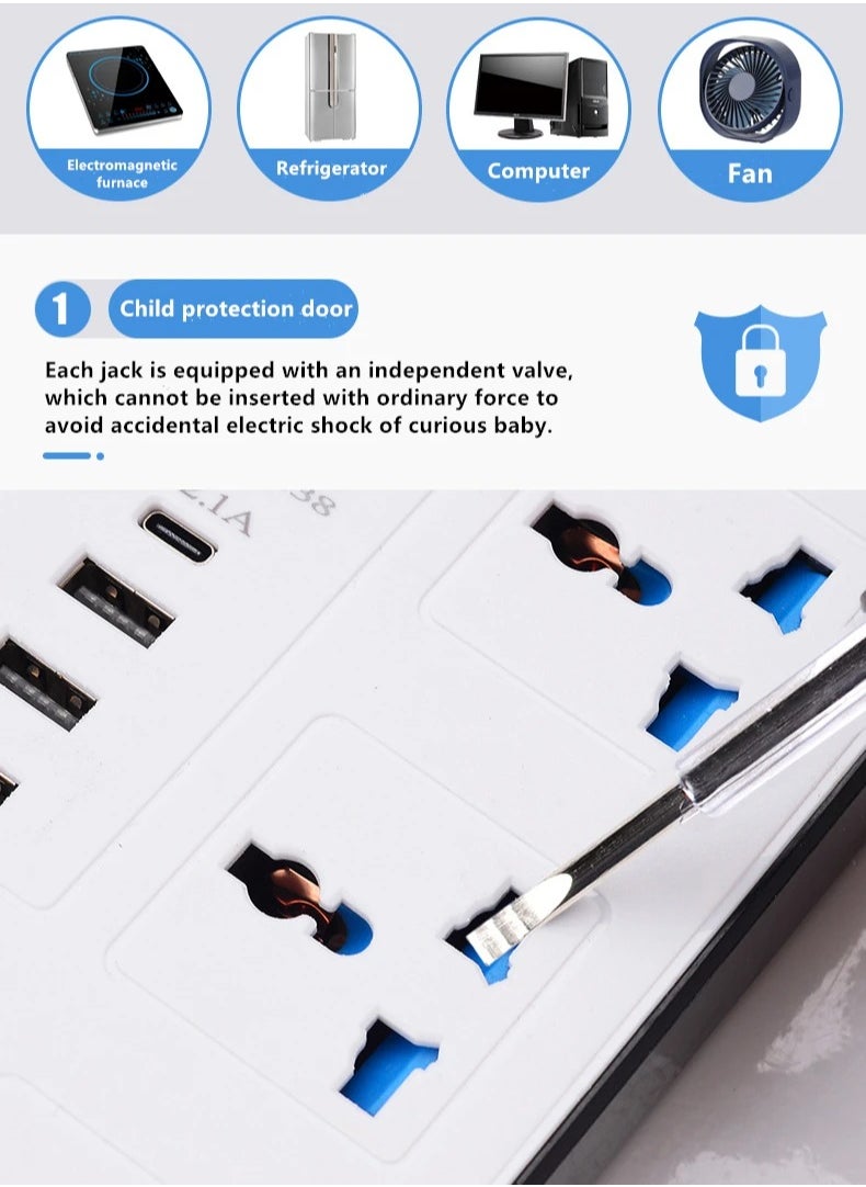 Multi-Outlet Universal Extension Socket with USB C Cable - 6 Outlets, 2 Pin Power Strip, Surge Protector, Child-Safe, Extra-Long Cord. Efficient Electric Cord Strips for Various Devices - White - pzsku/ZDCDAD72406F6A480830AZ/45/_/1704884608/86232e88-fb3a-47eb-91e4-906a6f33723d