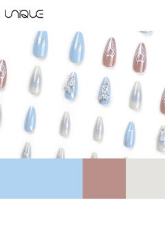 Unique 24Pcs Fake Nails, Press Nails, Mid-Almond Manicure -Blue Shiny Nail Art - Diamond-encrusted Heart Star Manicure - Fake Nail Patch  - Image 2