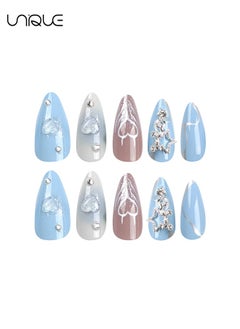 Unique 24Pcs Fake Nails, Press Nails, Mid-Almond Manicure -Blue Shiny Nail Art - Diamond-encrusted Heart Star Manicure - Fake Nail Patch  - Image 5