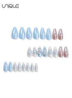 Unique 24Pcs Fake Nails, Press Nails, Mid-Almond Manicure -Blue Shiny Nail Art - Diamond-encrusted Heart Star Manicure - Fake Nail Patch  - Image 4