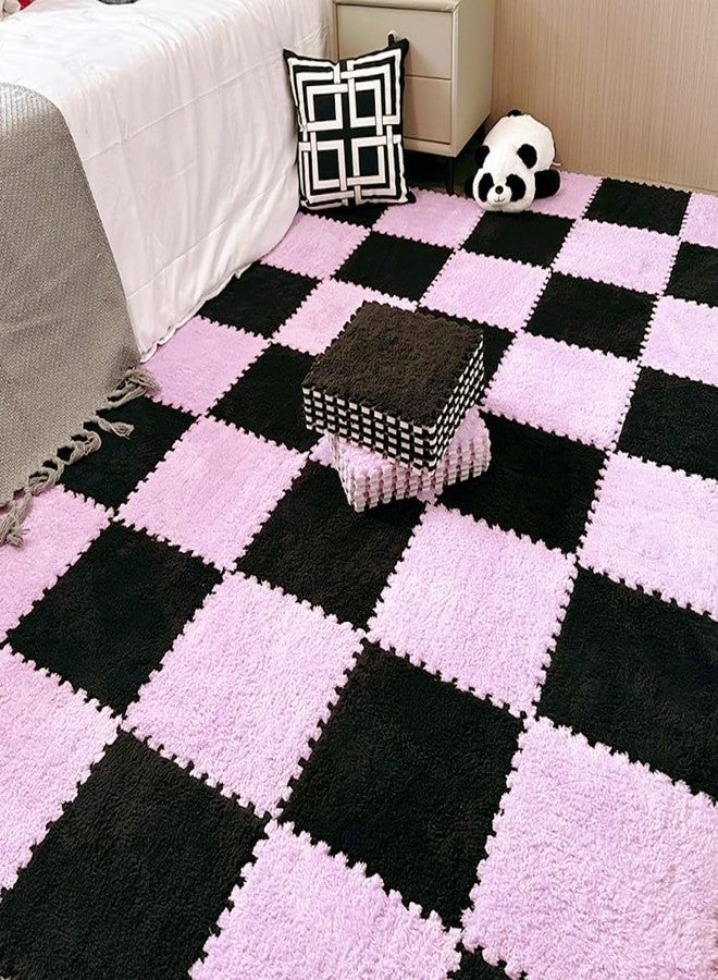 BXEBUI Puzzle Mat With 12 Pieces Squares Carpet, Plush Carpet Fittings, Non Slip EVA Foam Floor, Build A Safe Area For Bedroom Games Room (Pink + Black) - Image 3