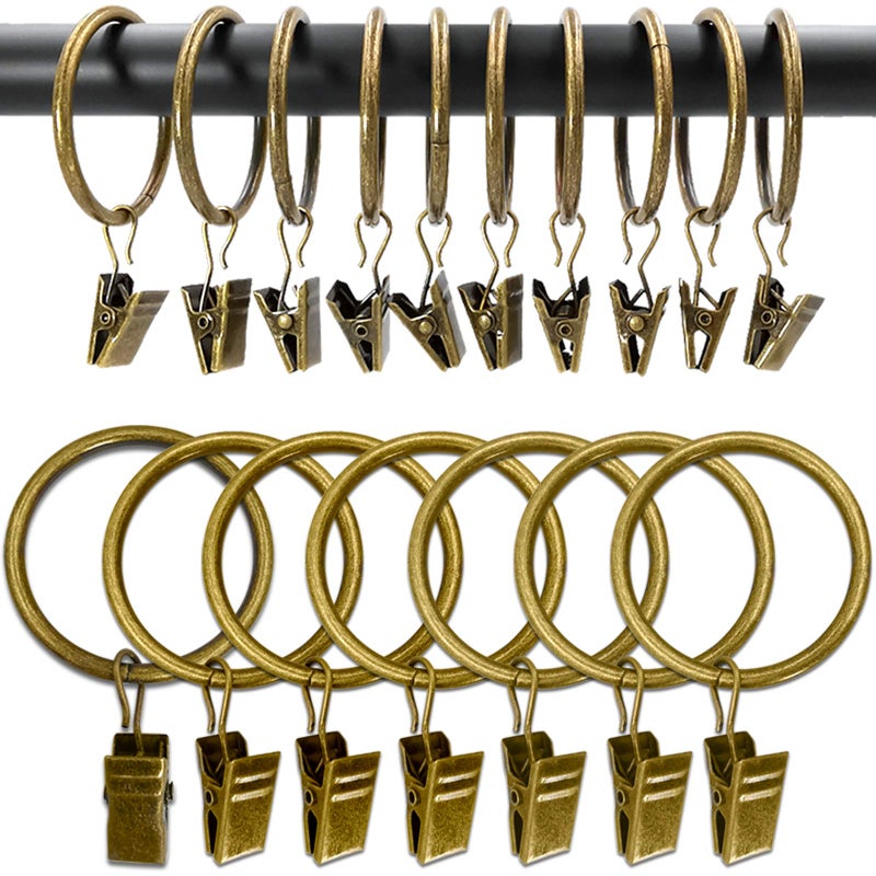 AMZSEVEN AMZSEVEN 100 Pack Metal Curtain Rings with Clips Drapery Clips Hooks Decorative Curtain Rod Clips 15 in Interior Diameter Antique Bronze 