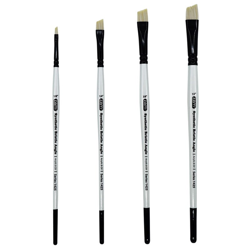 ZEM Brush White Hog Bristle Synthetic Angle Artist Brush Set 4 pcs 18 14 38 12  Acrylic and Oil
