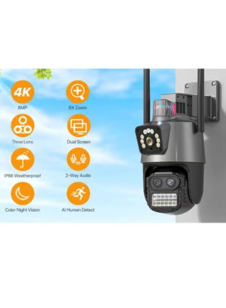AROAQ 8MP Three Lens WIFI IP Camera 4K HD Dual Screen PTZ Camera Auto Tracking Security CCTV Camera 4MP P2P Video Surveillance iCSee  - Image 2