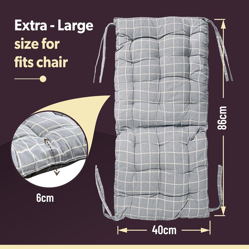 Kuber Industries Cotton 18x36 Inch Long Comfortable Rocking Chair Cushion with Ties | Back Rest & Seat Cushions Chair Pad for Rocking Chairs | Chair Cushion for Office & Home Use | Check - Grey - Image 3
