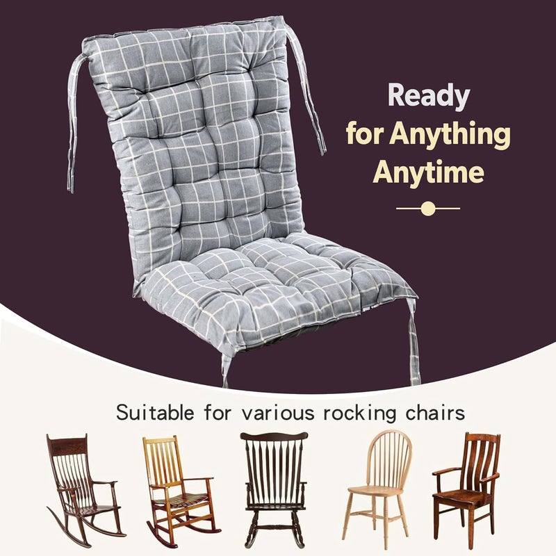 Kuber Industries Cotton 18x36 Inch Long Comfortable Rocking Chair Cushion with Ties | Back Rest & Seat Cushions Chair Pad for Rocking Chairs | Chair Cushion for Office & Home Use | Check - Grey - Image 4