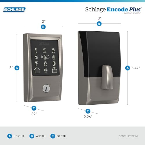 Schlage BE499WB CEN 619 Encode Plus WiFi Deadbolt Smart Lock, Keyless Entry Touchscreen Door Lock with Century Trim, Satin Nickel - Image 3