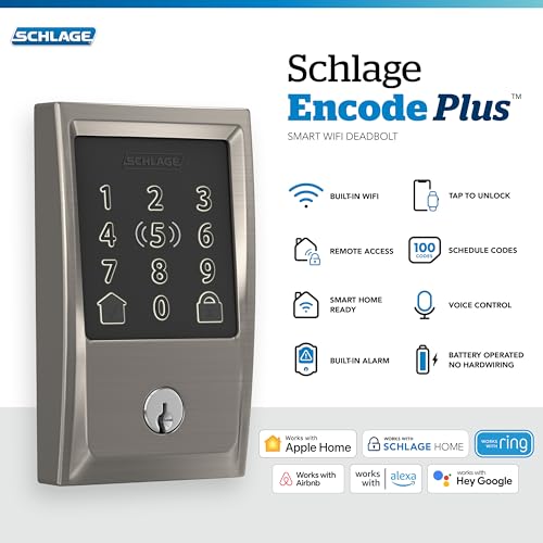 Schlage BE499WB CEN 619 Encode Plus WiFi Deadbolt Smart Lock, Keyless Entry Touchscreen Door Lock with Century Trim, Satin Nickel - Image 2