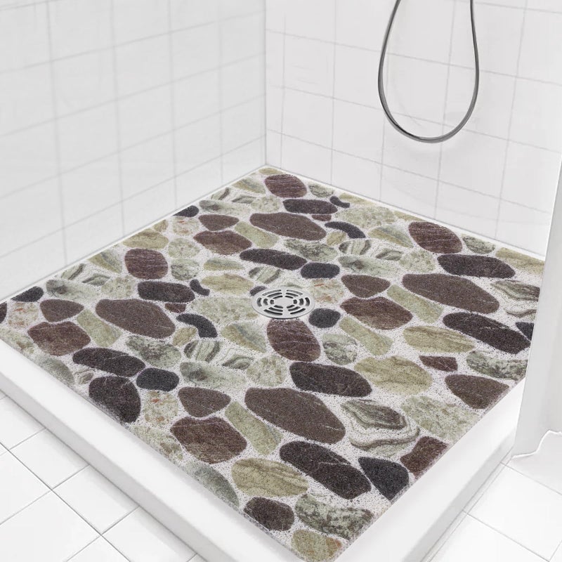 Hombys Non Slip Shower Mat 27x27 in, Shower Floor Mats with Drain Hole, Secure PVC Loofah Mat, Boho Coffee Pebble - Image 2
