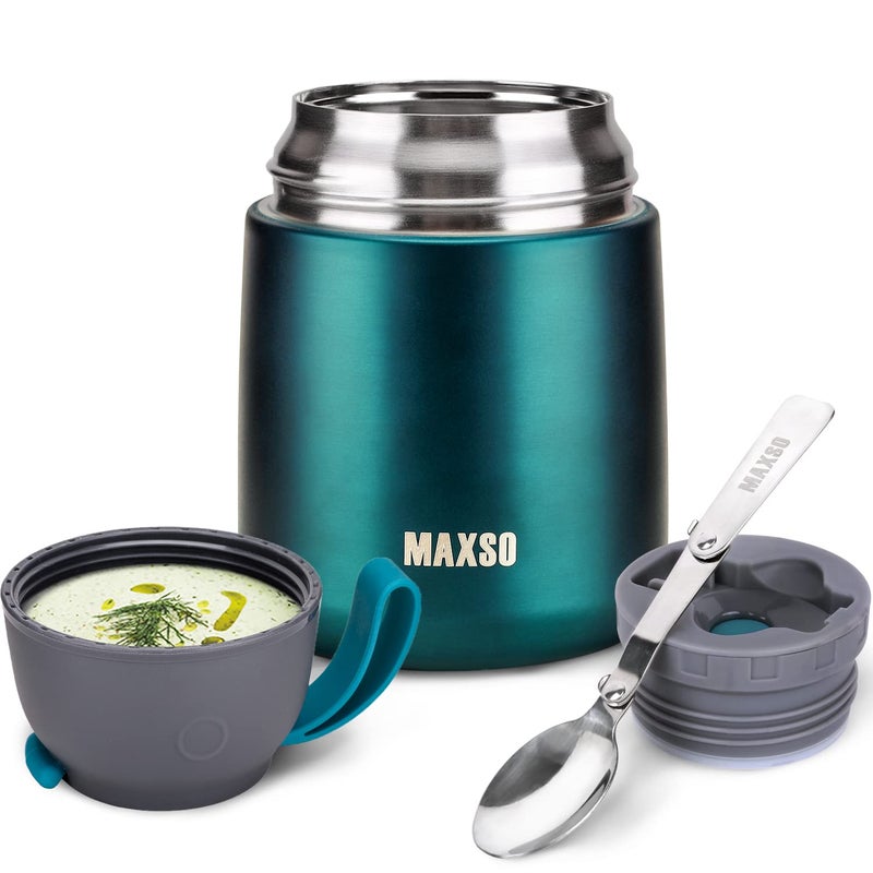 MAXSO Soup Thermo for Hot  Cold Food for Adults Kids 17 oz Vacuum Insulated Steel Lunch Container Bento Box with Spoon Leakproof Thermal Food Jar for School Office Travel  Green