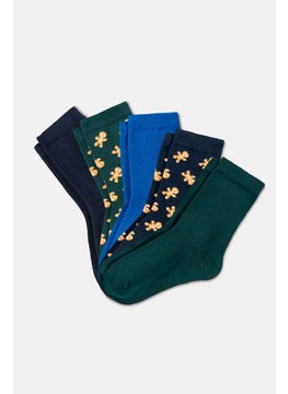 Tchibo Kid Boys 5 Pairs Cookies Socks, Navy and Green and Blue 