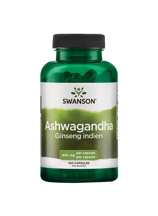 SWANSON Ashwagandha Powder Supplement-Ashwagandha Root & Aerial Parts Supplement Promoting Stress Relief & Energy Support-Ayurvedic Supplement for Natural Wellness (100 Capsules, 450mg Each)