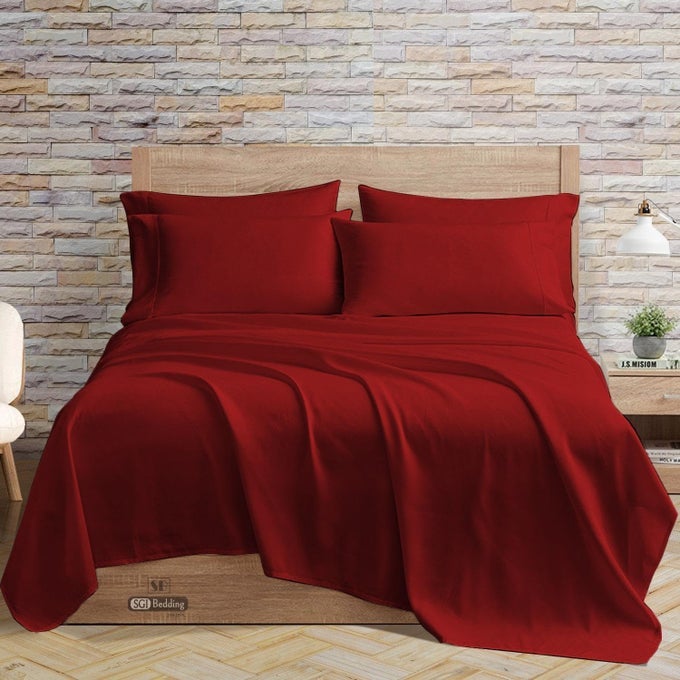 SGI FLAT SHEET WITH 2 PILLOWCOVERS DOUBLE BURGUNDY SOLID 300 THREAD COUNT 100 EGYPTIAN COTTON SOFT WRINKLE FREE EASY CARE BED COVER