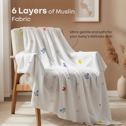R for Rabbit Softkins Muslin Blanket for Newborn Baby 6 Layers Cotton Fabric Soft Breathable Lightweight All-Season Swaddle for Cuddling Stroller Rides Naptime 100 x 100 cms, 0+ Months (Unicorn White) - Image 2
