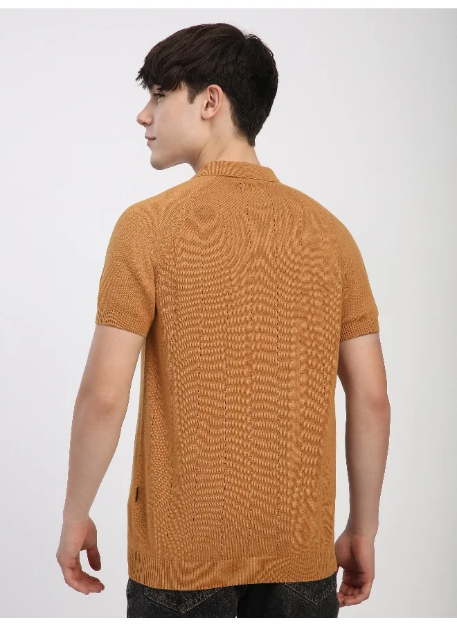 Beyoung Mustard Line Textured Flat Knit Polo T-Shirt For Men