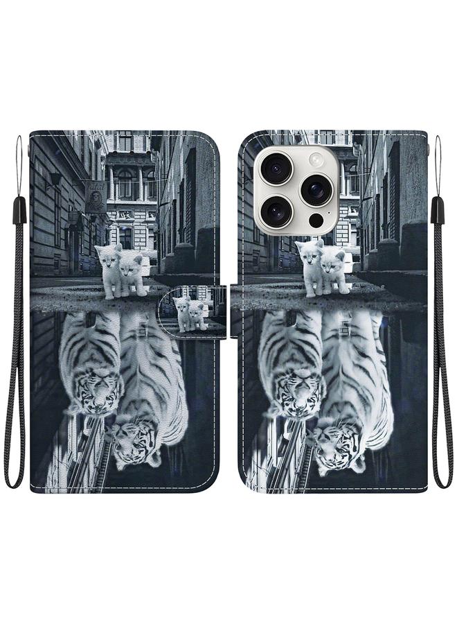 Zaboon For iPhone 16 Pro Max Crystal Texture Colored Drawing Leather Phone Case(Cat Tiger Reflection) 