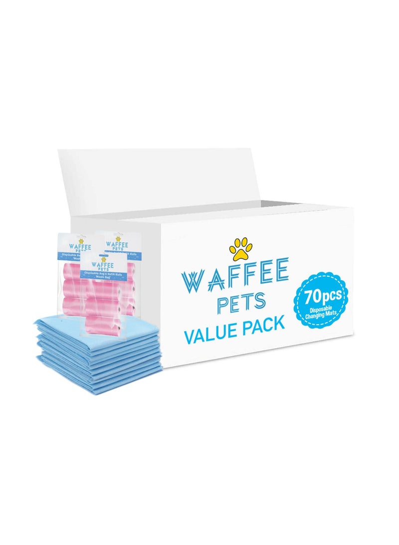 Waffee Waffee Disposable Changing Mat 70 + Pack of 3 Refill PINK (9 Rolls) 180 Nappy Bags  - Image 1